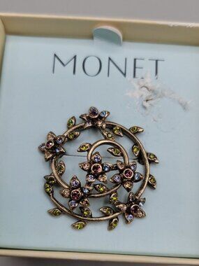 Vintage Monet Rhinestone Flower Spiral Brooch Gold Tone 1.5" Original Box